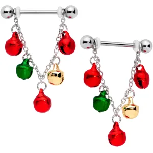 14 Gauge 11/16 Red Green Bell Christmas Chain Dangle Nipple Ring Set