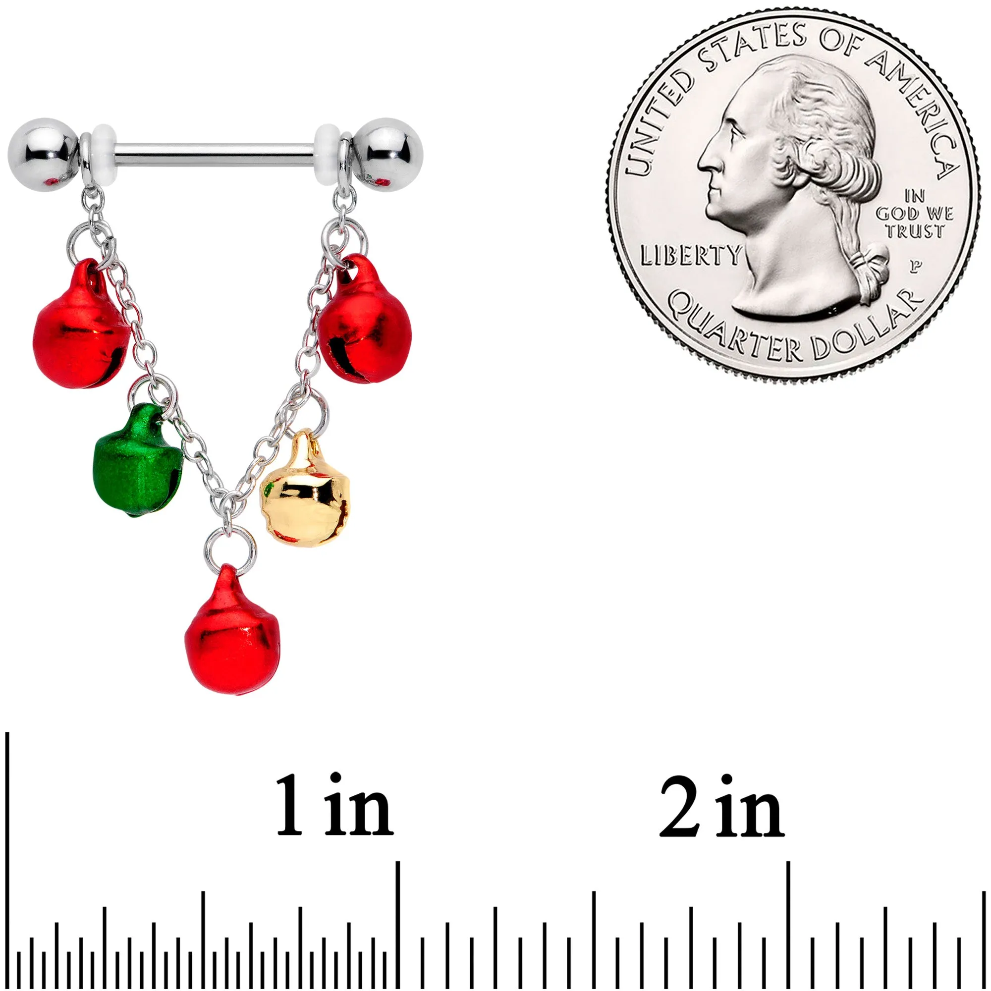 14 Gauge 11/16 Red Green Bell Christmas Chain Dangle Nipple Ring Set