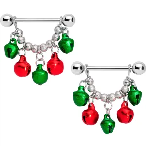 14 Gauge 5/8 Green Red Green Bell Christmas Dangle Nipple Ring Set
