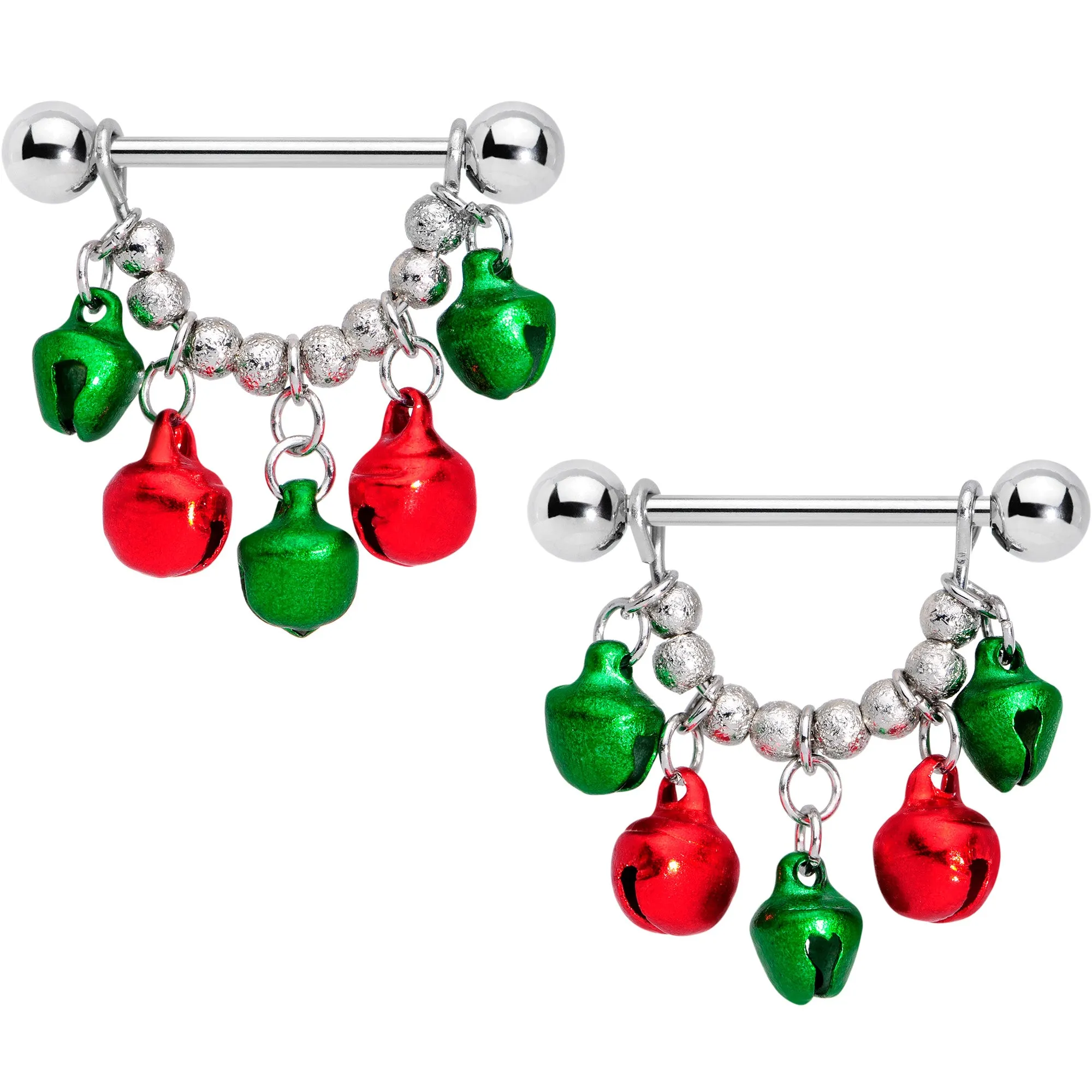 14 Gauge 5/8 Green Red Green Bell Christmas Dangle Nipple Ring Set
