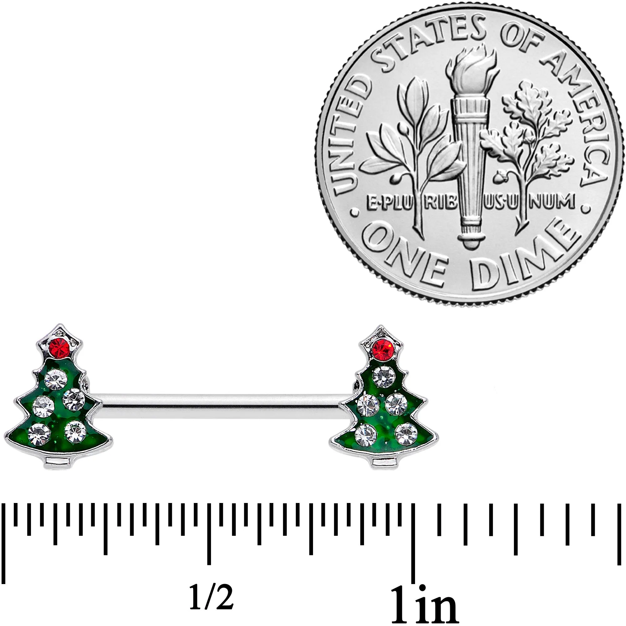 14 Gauge 9/16 Clear Red Gem Christmas Tree Barbell Nipple Ring Set