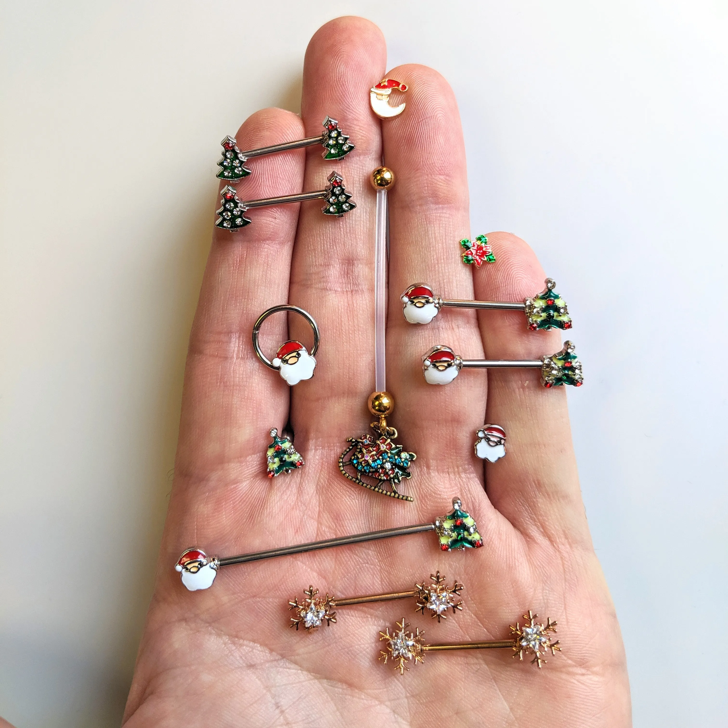 14 Gauge 9/16 Clear Red Gem Christmas Tree Barbell Nipple Ring Set