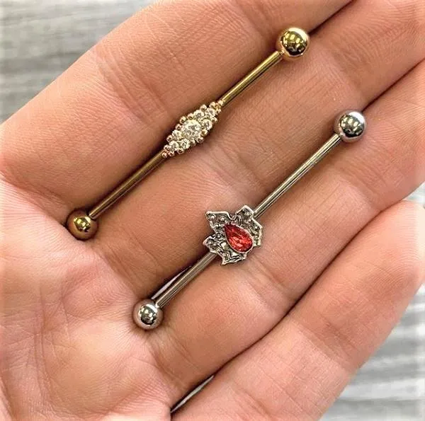 14 Gauge Red Gem Holiday Holly Leaf Christmas Industrial Barbell 38mm