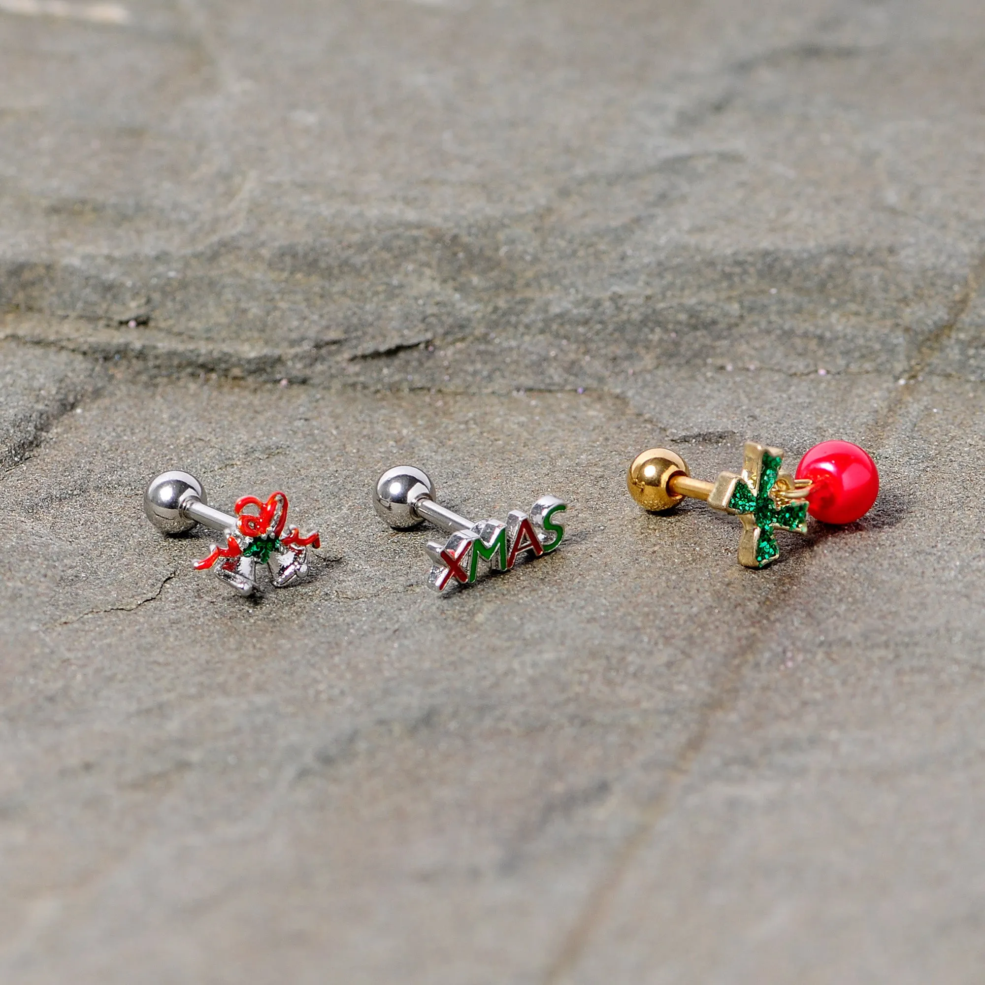 16 Gauge 1/4 Merry Christmas Cartilage Tragus Set of 3