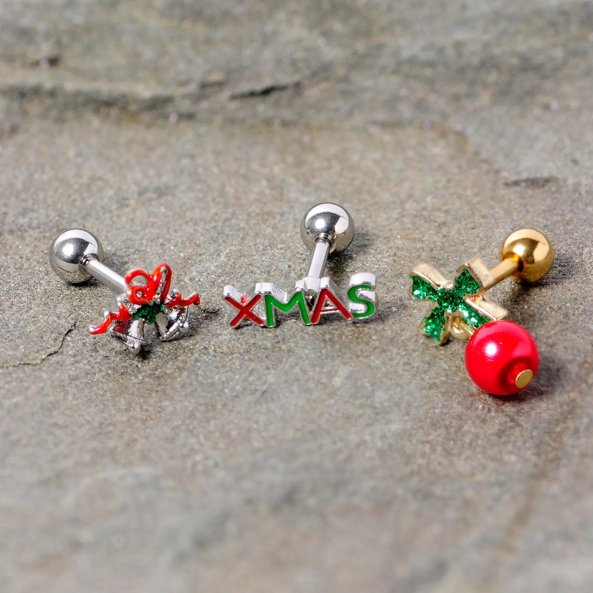 16 Gauge 1/4 Merry Christmas Cartilage Tragus Set of 3