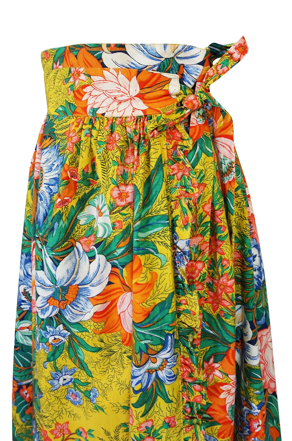 1970s Stephen Burrows Floral Cotton Print Wrap Maxi Skirt