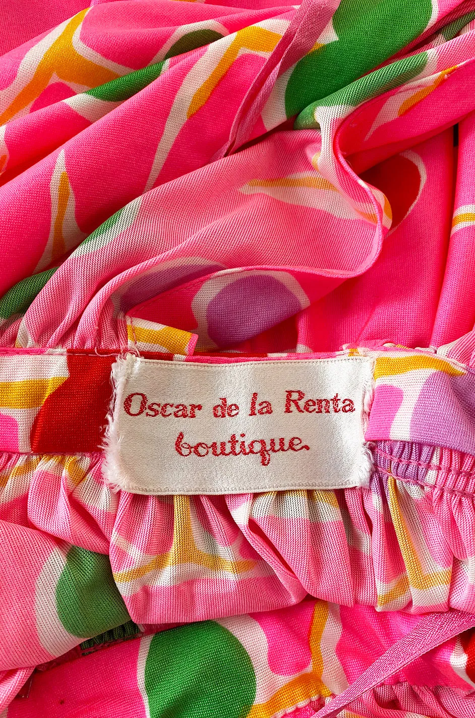1973 Oscar de la Renta Brilliant Pink Backless Halter Dress w Front Keyhole