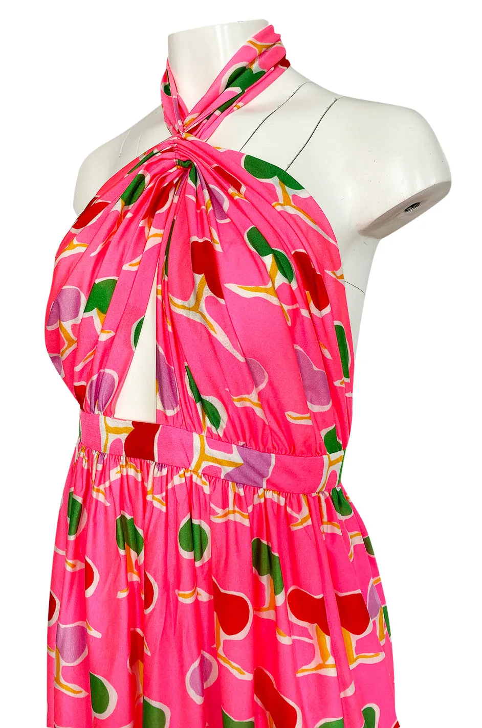 1973 Oscar de la Renta Brilliant Pink Backless Halter Dress w Front Keyhole