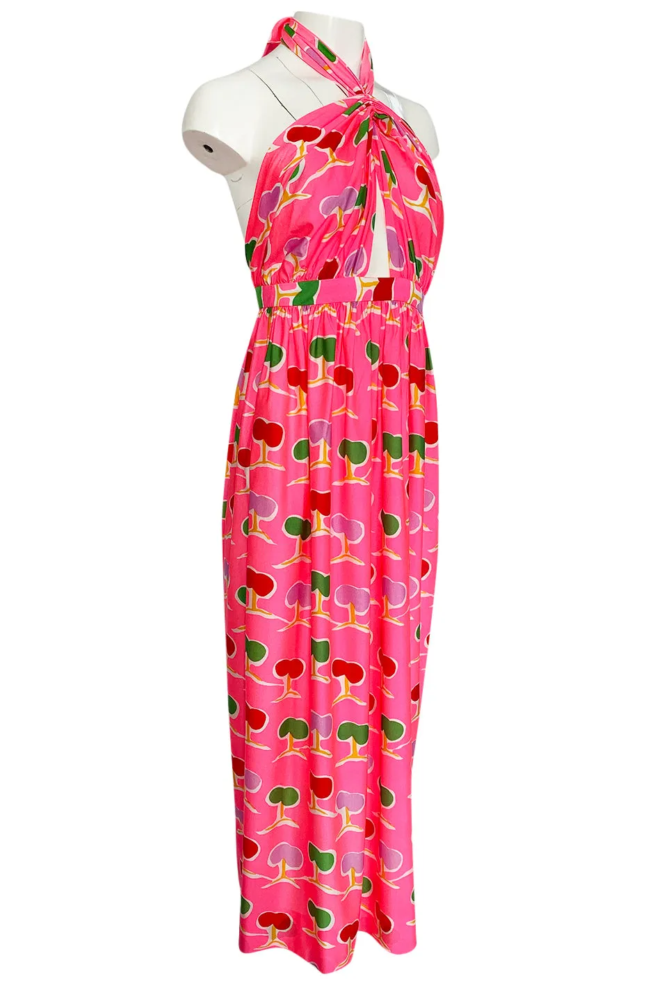 1973 Oscar de la Renta Brilliant Pink Backless Halter Dress w Front Keyhole