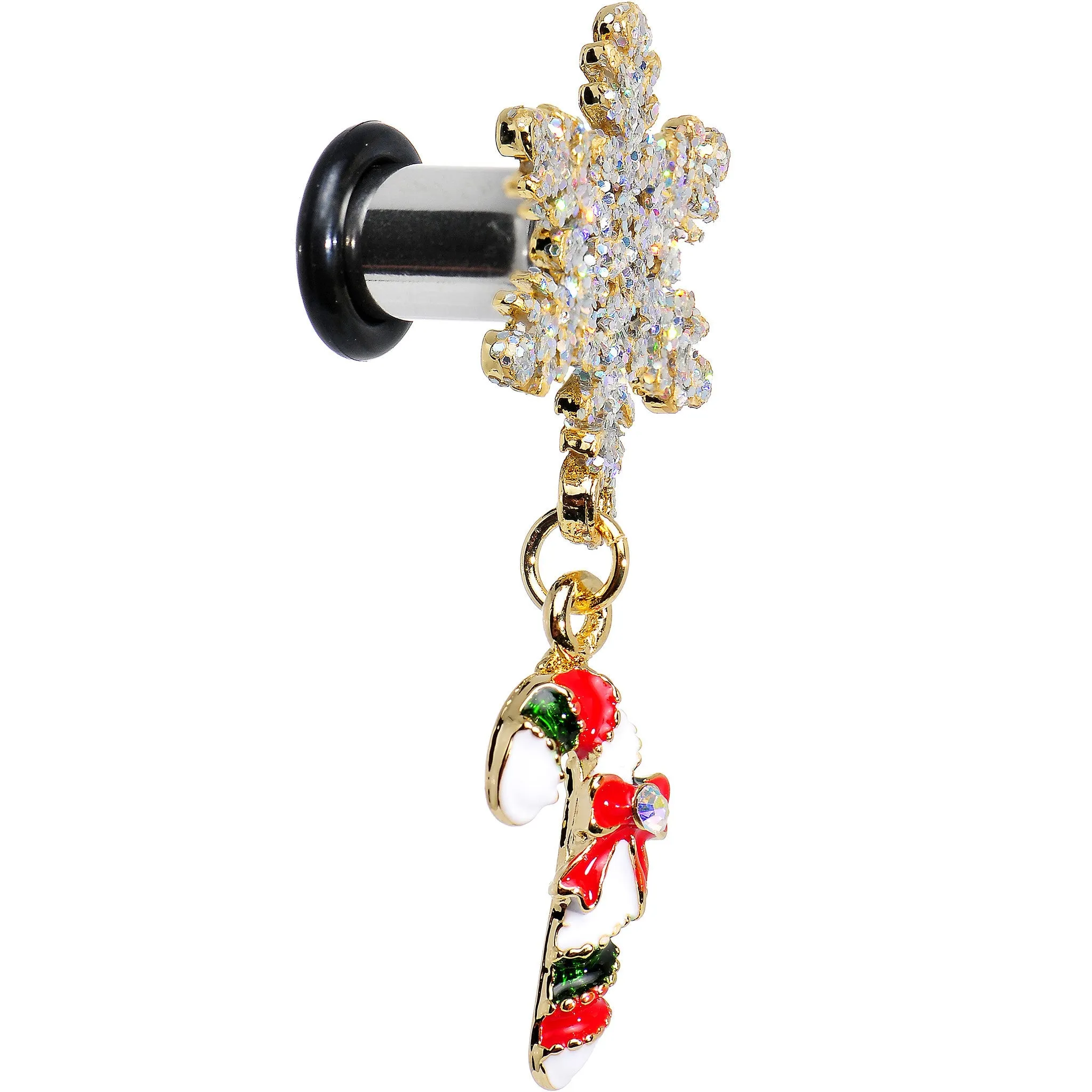2 Gauge Snowflake and Candy Cane Christmas Single Flare Dangle Plug