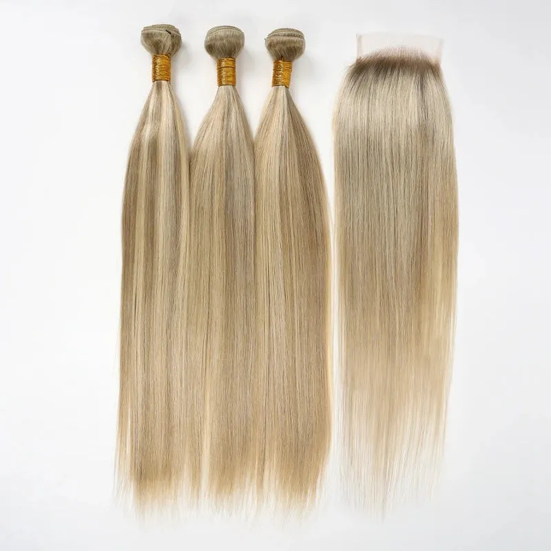 3 Bundles with Closure Customized Blonde Balayage on Brown Straight Human Hair 4x4 Lace Closure