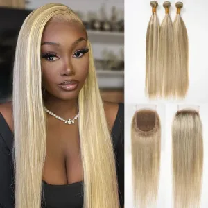 3 Bundles with Closure Customized Blonde Balayage on Brown Straight Human Hair 4x4 Lace Closure