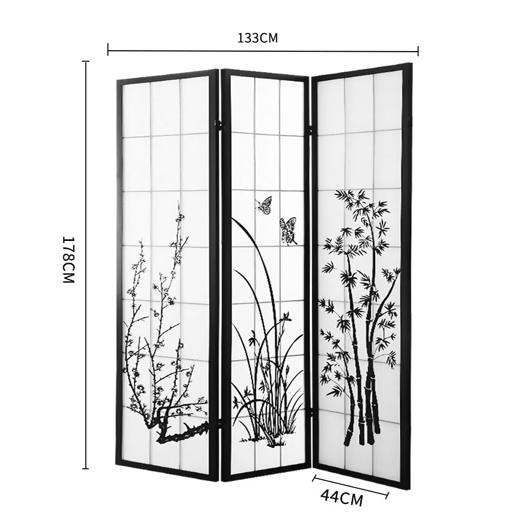 3 Panel Room Divider Privacy Screen Door Pine Wood Stand Fringe
