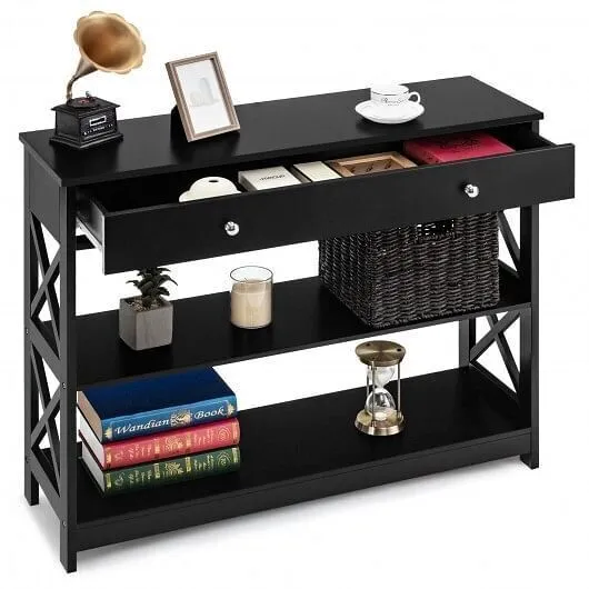 3-Tier Console Table with Drawers for Living Room Entryway-Black - Color: Black