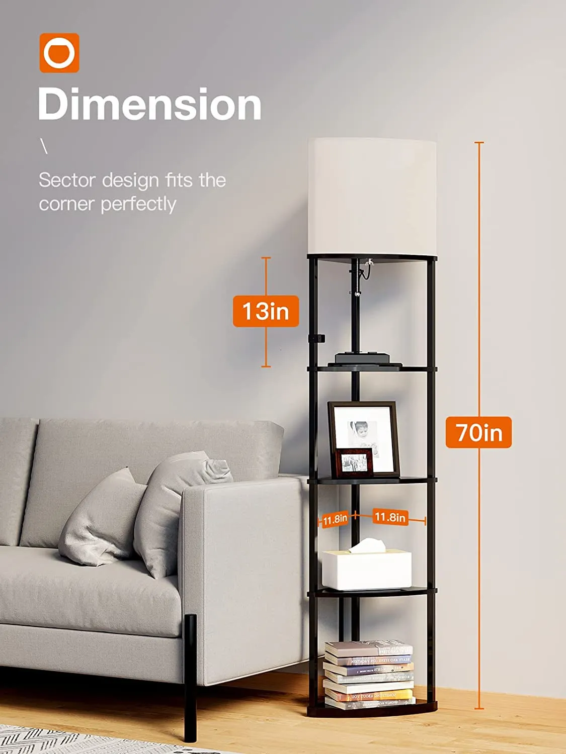 5-Tier Corner Shelf Floor Lamp with Type C, USB Port & 1 Power Outlet and 3CCT LED Bulb, Modern Display Lamp for Narrow Corner Bookshelf Lamp for Living Room, Bedroom, Office - Black