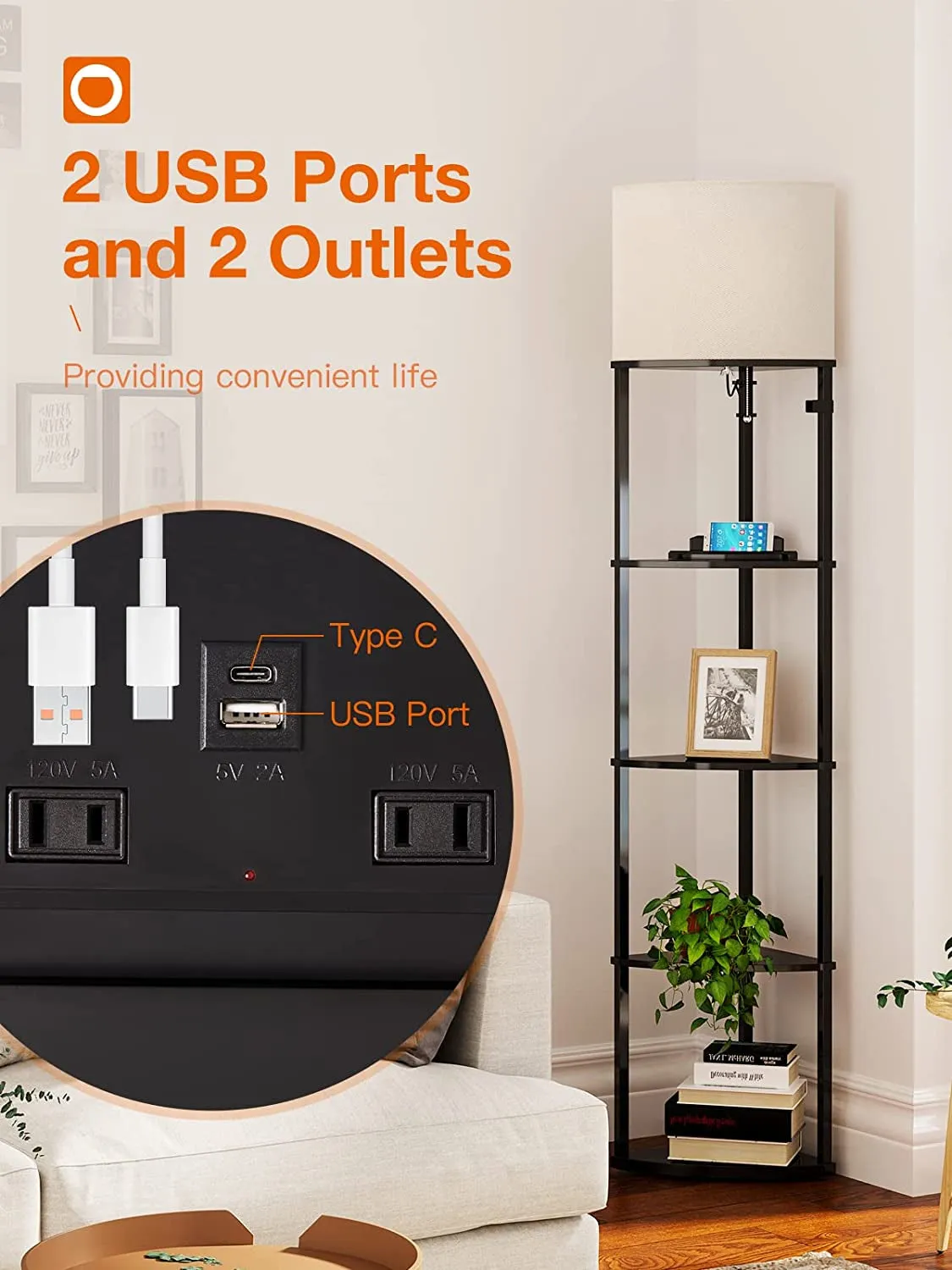 5-Tier Corner Shelf Floor Lamp with Type C, USB Port & 1 Power Outlet and 3CCT LED Bulb, Modern Display Lamp for Narrow Corner Bookshelf Lamp for Living Room, Bedroom, Office - Black