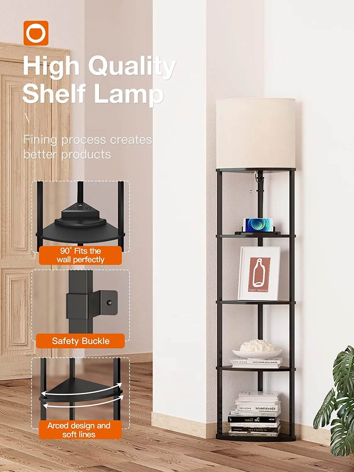 5-Tier Corner Shelf Floor Lamp with Type C, USB Port & 1 Power Outlet and 3CCT LED Bulb, Modern Display Lamp for Narrow Corner Bookshelf Lamp for Living Room, Bedroom, Office - Black