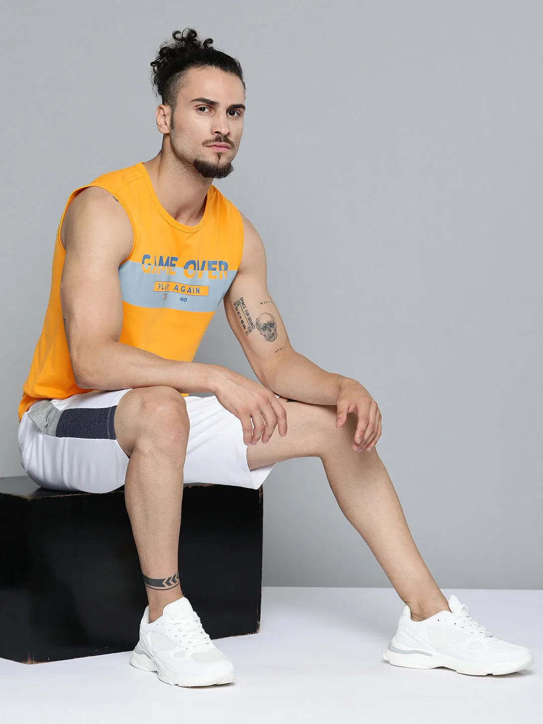 Alcis Men Mustard Yellow Typography Printed Slim Fit Gym T-shirt