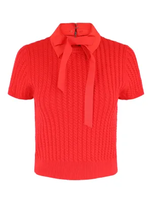 Alice   Olivia Abbott Short Sleeve Pullover with Woven Collar in Bright Ruby