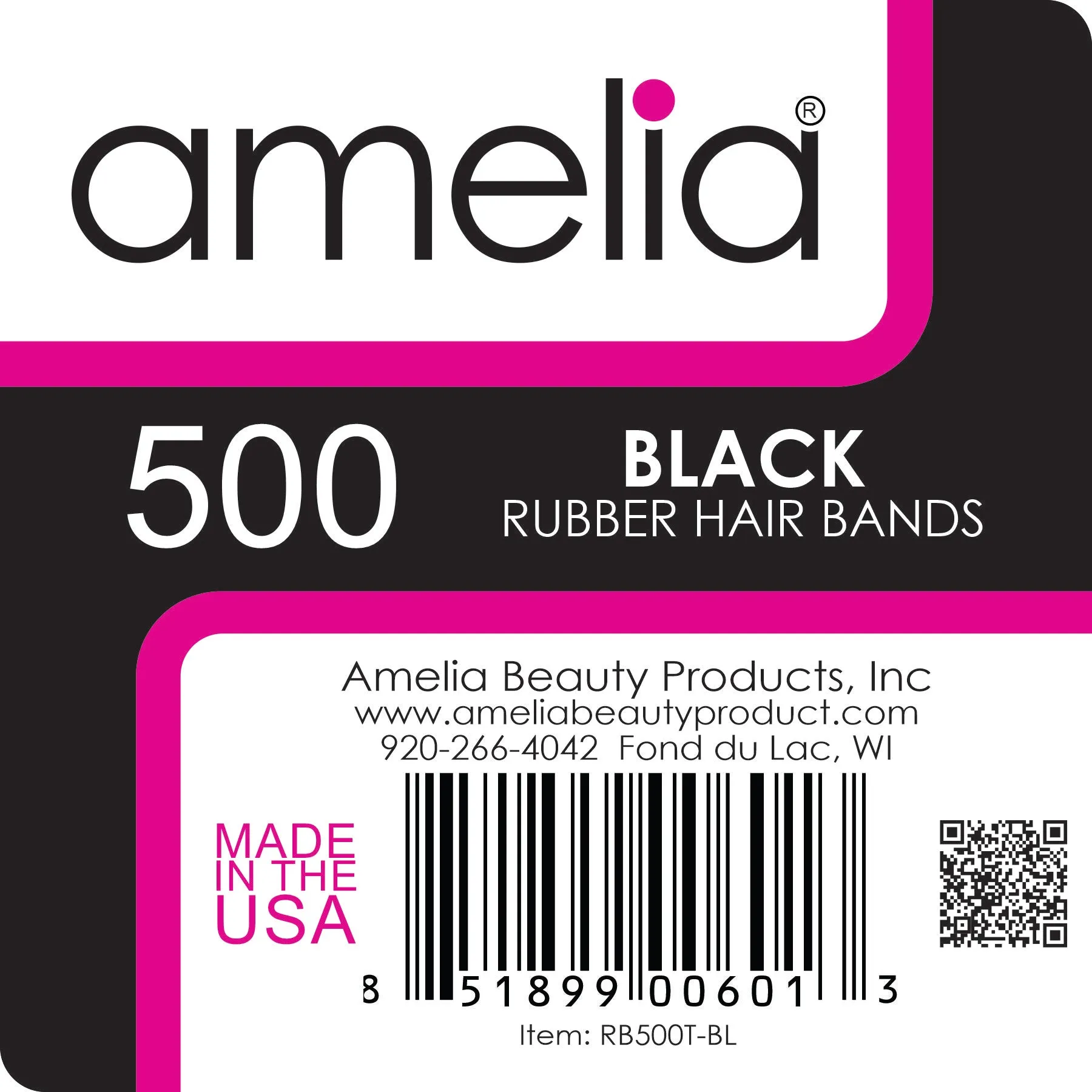 Amelia Beauty | 1/2in, Black, Elastic Rubber Band Pony Tail Holders | Made in USA, Ideal for Ponytails, Braids, Twists, Dreadlocks, Styling Accessories for Women, Men and Girls | 500 Pack