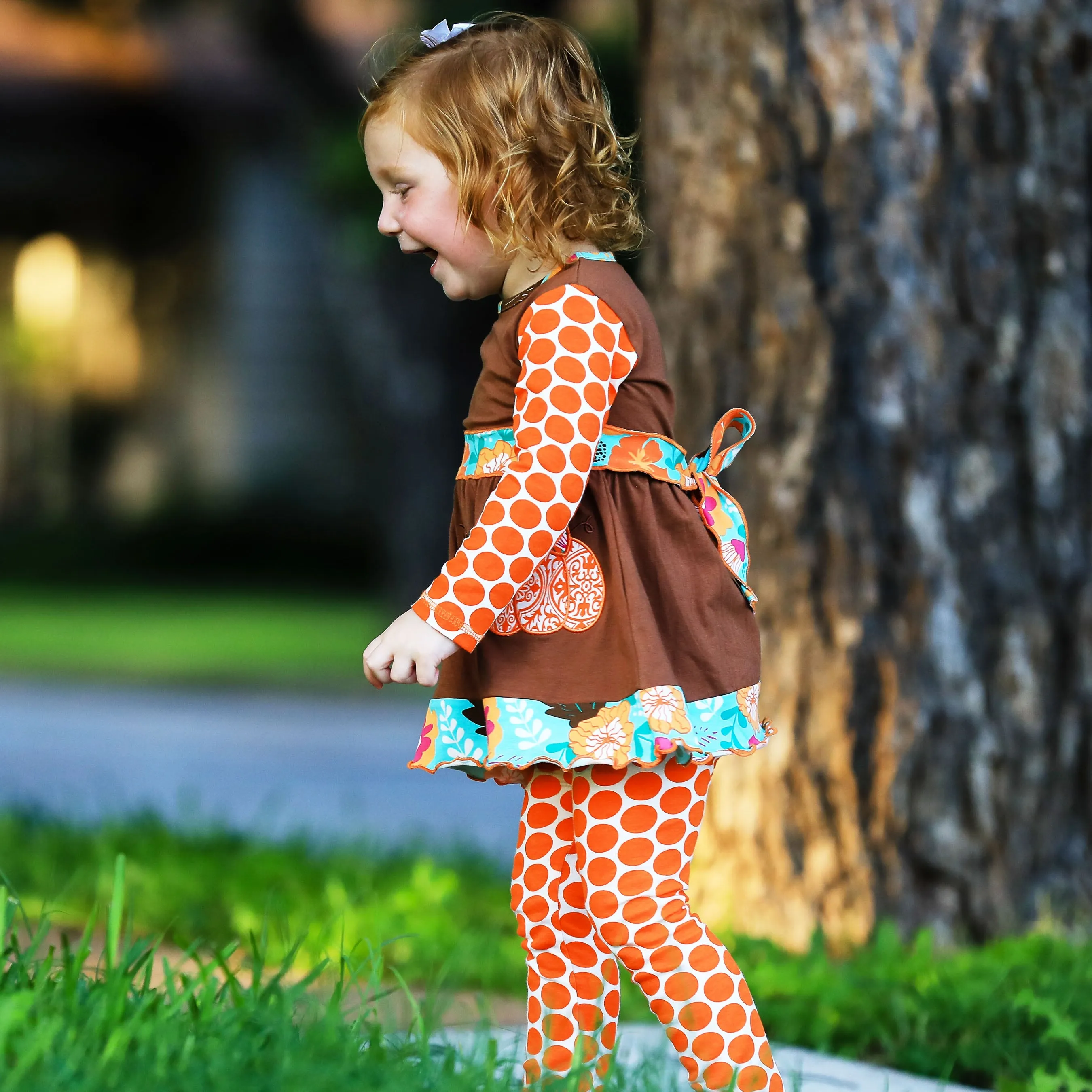 AnnLoren Girls Holiday Orange Pumpkin Patch Autumn Thanksgiving Dress & Leggings