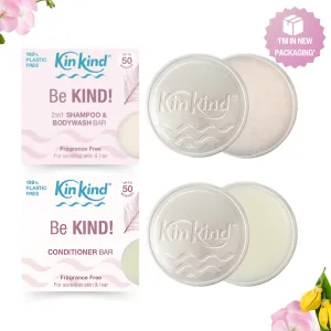 Be KIND! TRAVEL GIFT SET. Fragrance free Shampoo bar   Conditioner bar & 2 Travel Storage Tins. For Sensitive Skin. Saves 4 plastic bottles!