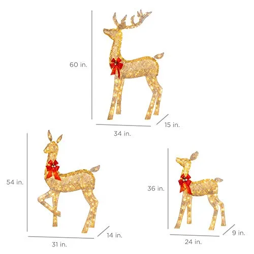 Best Choice Products 3-Piece Lighted Christmas Deer Family Set Outdoor Yard Decoration with 360 LED Lights, Stakes, Zip Ties - Gold