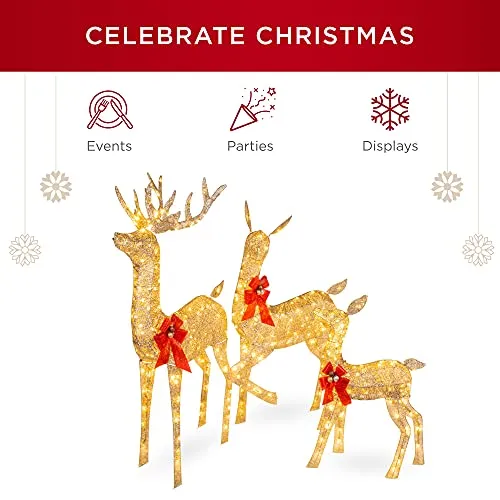 Best Choice Products 3-Piece Lighted Christmas Deer Family Set Outdoor Yard Decoration with 360 LED Lights, Stakes, Zip Ties - Gold