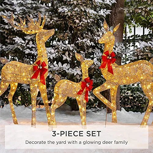Best Choice Products 3-Piece Lighted Christmas Deer Family Set Outdoor Yard Decoration with 360 LED Lights, Stakes, Zip Ties - Gold