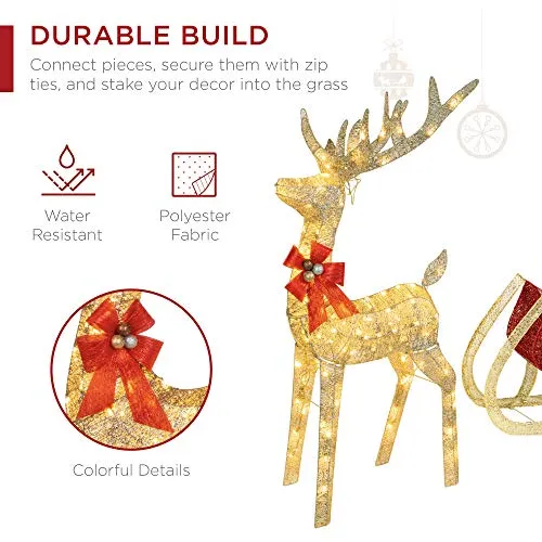 Best Choice Products Lighted Christmas 4ft Reindeer & Sleigh Outdoor Yard Decoration Set w/ 205 LED Lights, Stakes, Zip Ties