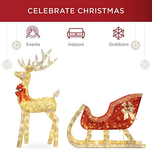 Best Choice Products Lighted Christmas 4ft Reindeer & Sleigh Outdoor Yard Decoration Set w/ 205 LED Lights, Stakes, Zip Ties