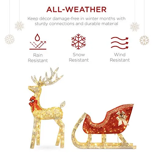 Best Choice Products Lighted Christmas 4ft Reindeer & Sleigh Outdoor Yard Decoration Set w/ 205 LED Lights, Stakes, Zip Ties