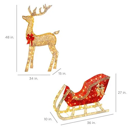 Best Choice Products Lighted Christmas 4ft Reindeer & Sleigh Outdoor Yard Decoration Set w/ 205 LED Lights, Stakes, Zip Ties