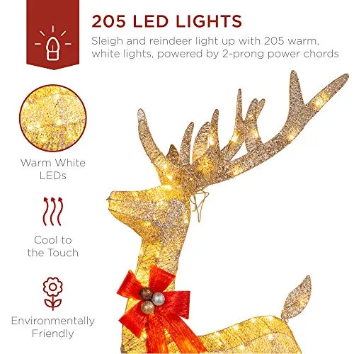 Best Choice Products Lighted Christmas 4ft Reindeer & Sleigh Outdoor Yard Decoration Set w/ 205 LED Lights, Stakes, Zip Ties