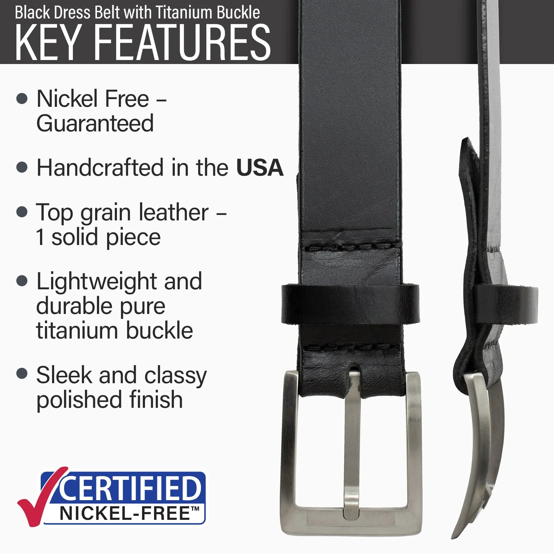 Black Leather Dress Belt with Titanium Buckle by Nickel Smart®