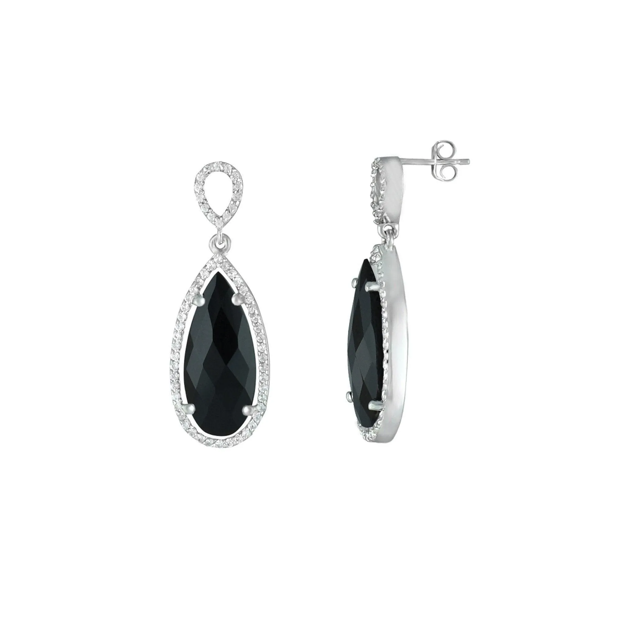 Black Onyx and Created White Sapphire Earrings in Silver