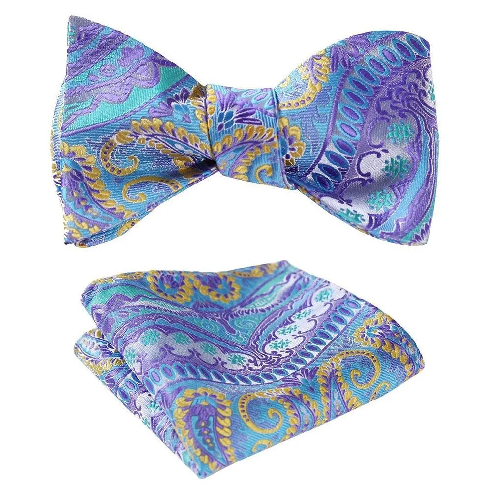 Blue & Yellow Paisley Mens Silk Self tie Bow Tie with Pocket Squares Set