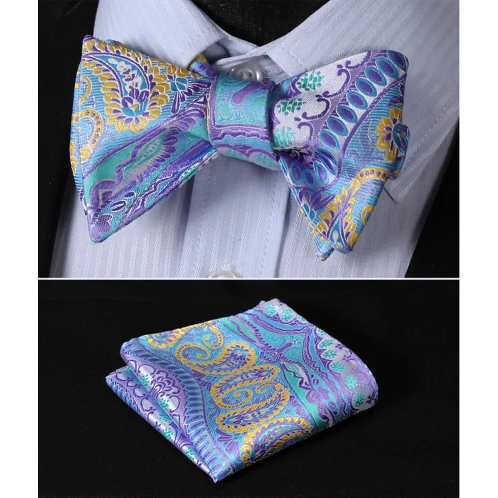Blue & Yellow Paisley Mens Silk Self tie Bow Tie with Pocket Squares Set
