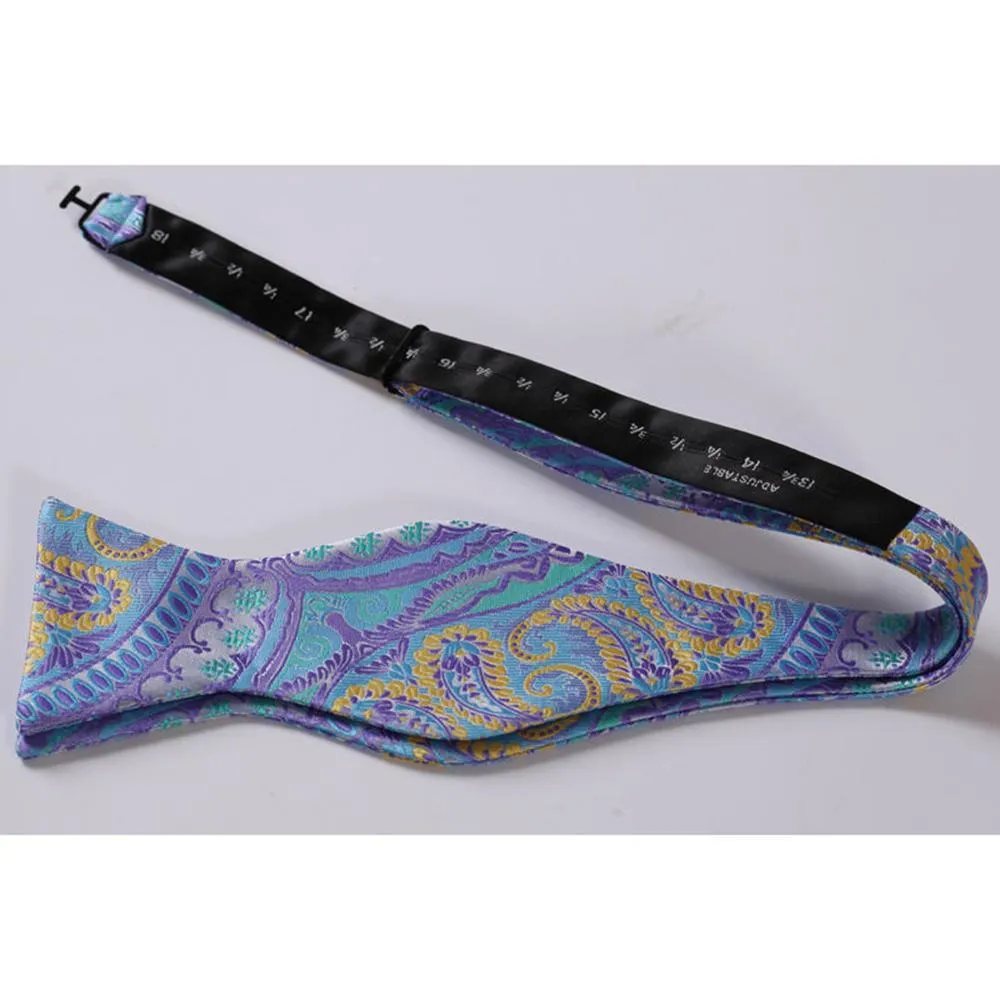 Blue & Yellow Paisley Mens Silk Self tie Bow Tie with Pocket Squares Set