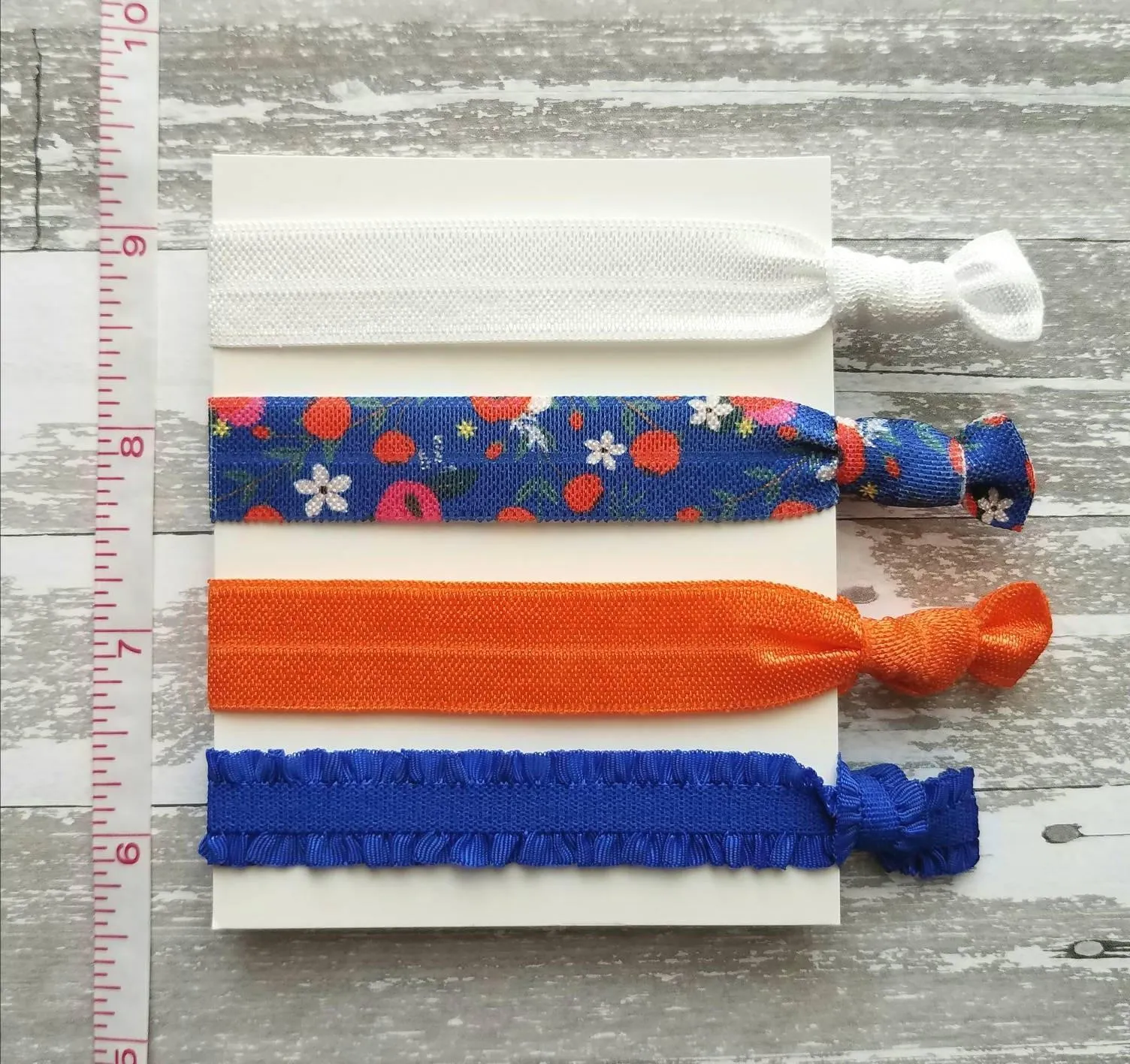 Blue Orange Hair Tie Set - cobalt ruffle tangerine coral white elastic ribbon flower ponytail holder bow pigtail band spring gift for her