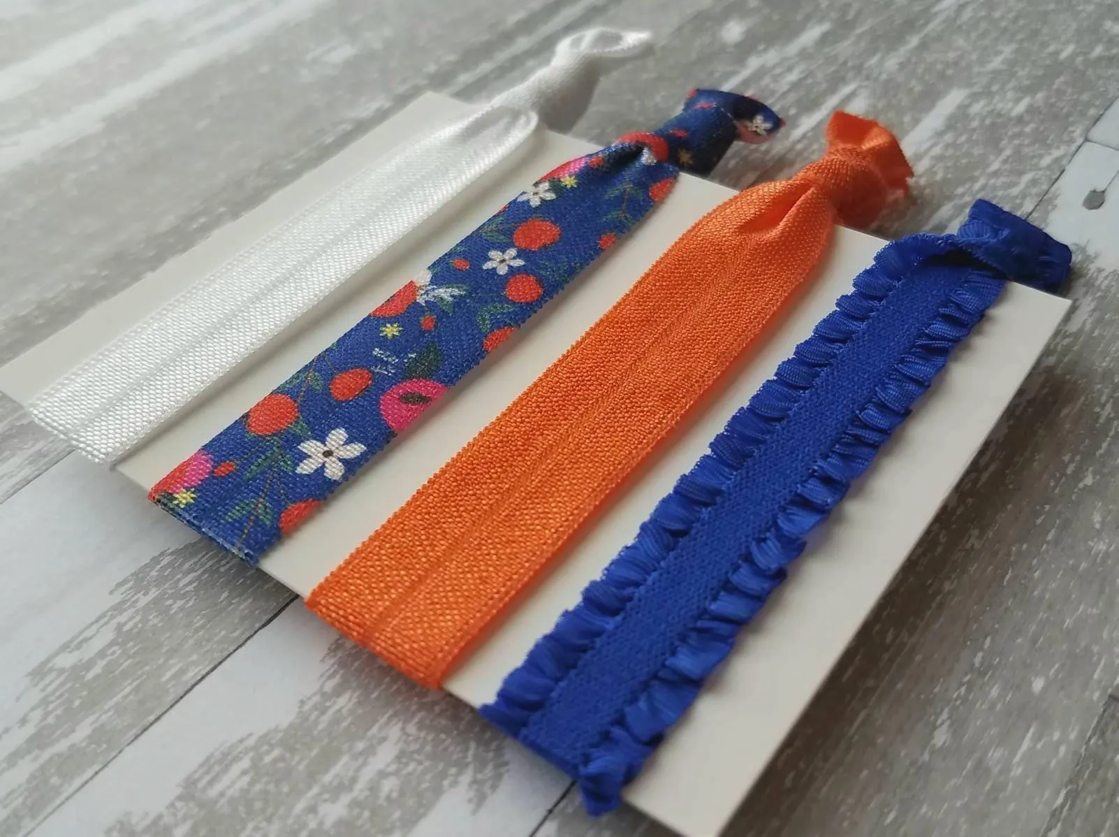 Blue Orange Hair Tie Set - cobalt ruffle tangerine coral white elastic ribbon flower ponytail holder bow pigtail band spring gift for her