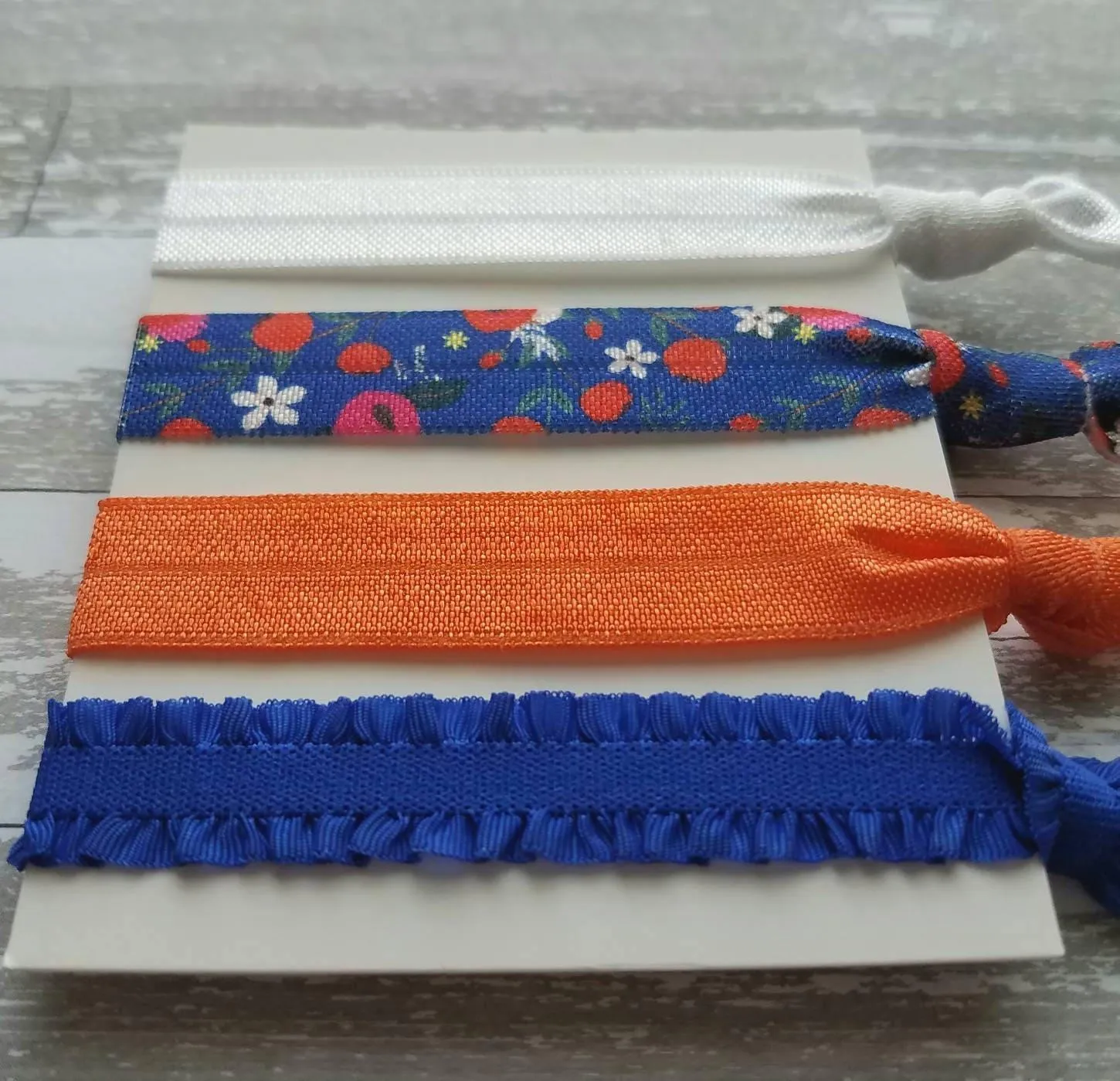 Blue Orange Hair Tie Set - cobalt ruffle tangerine coral white elastic ribbon flower ponytail holder bow pigtail band spring gift for her