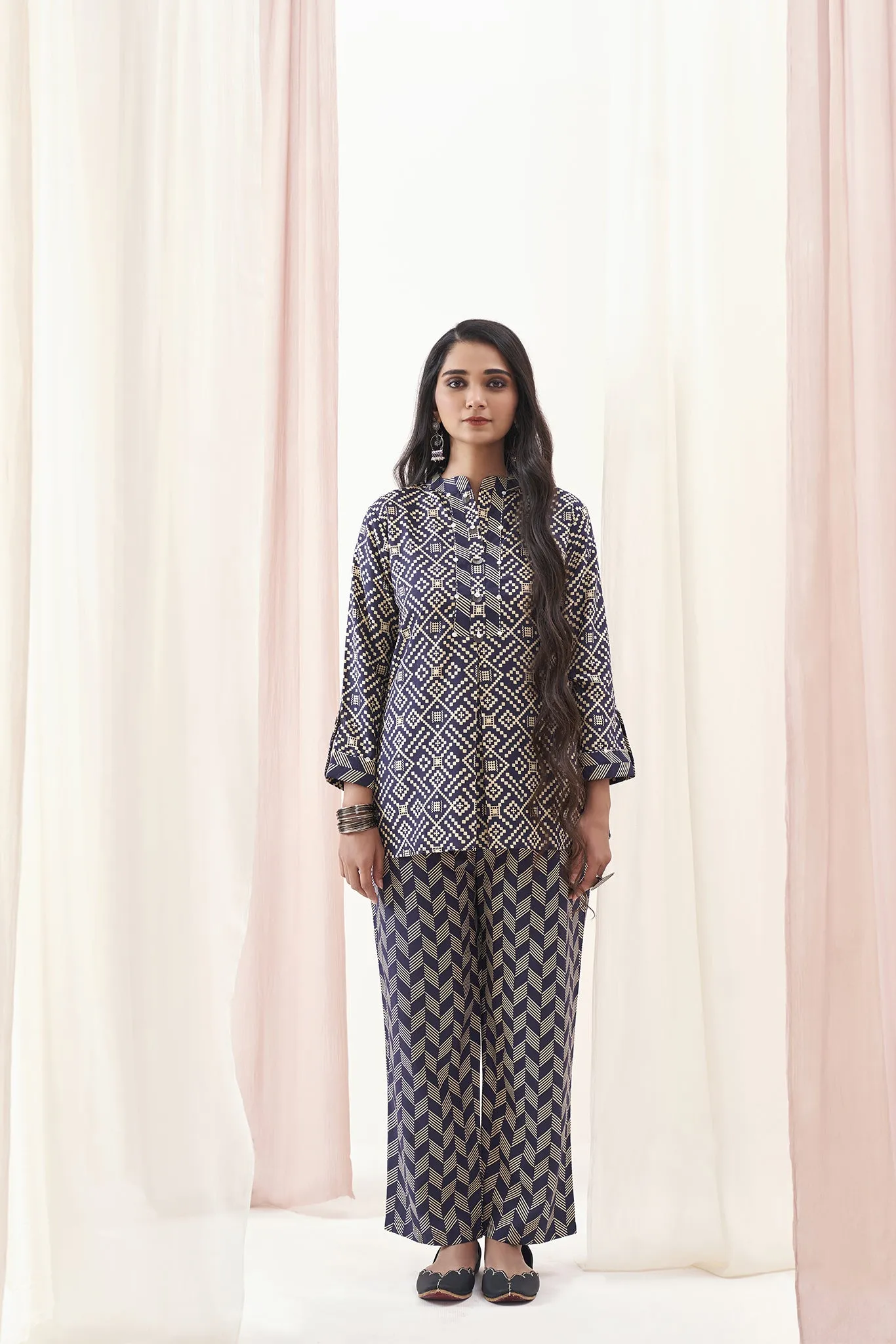 Blue Tencel Lyocell Geometric Printed Co-Ords