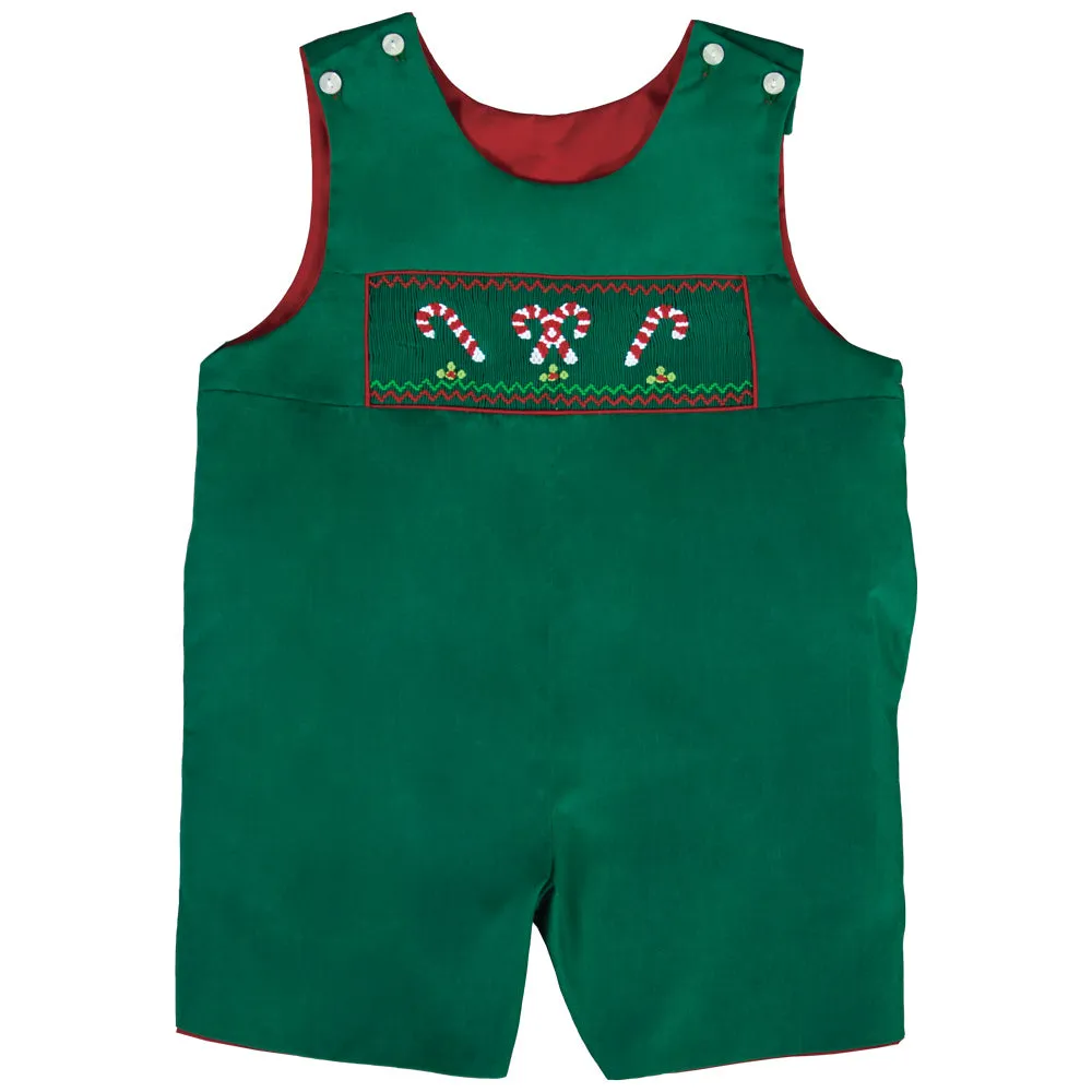Candy Canes Green Smocked Reversible Romper
