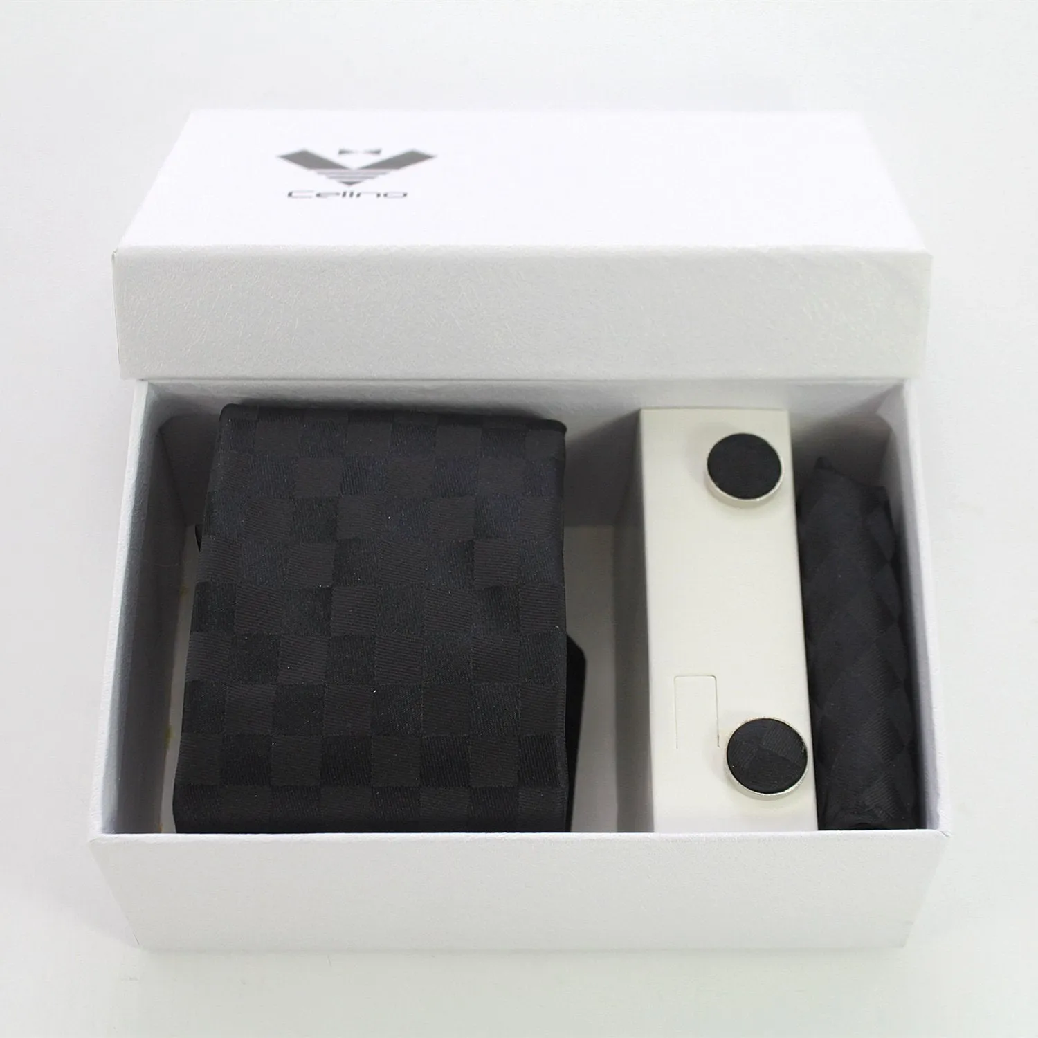 Celino Jet Black Squares Silk Necktie with Cufflinks & Pocket Square for Men