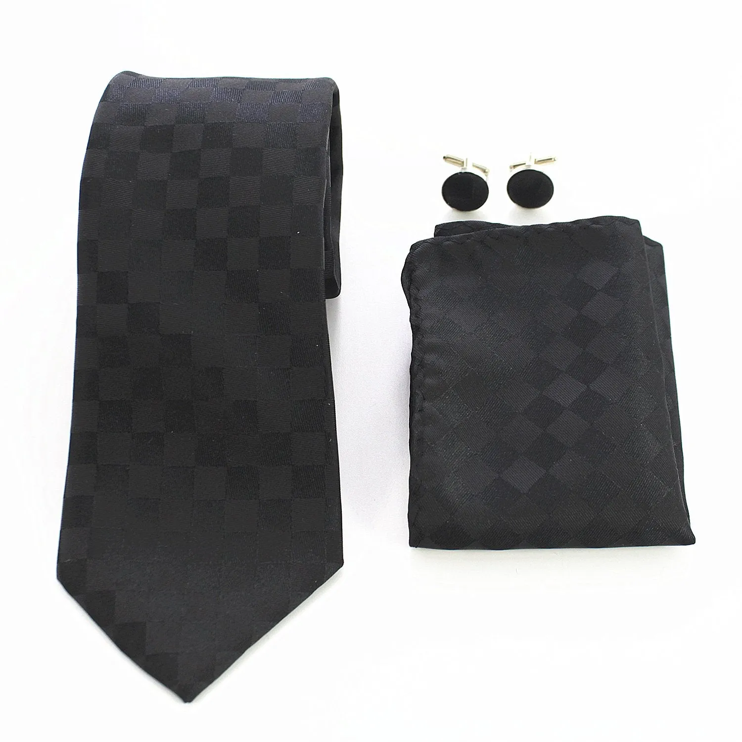 Celino Jet Black Squares Silk Necktie with Cufflinks & Pocket Square for Men