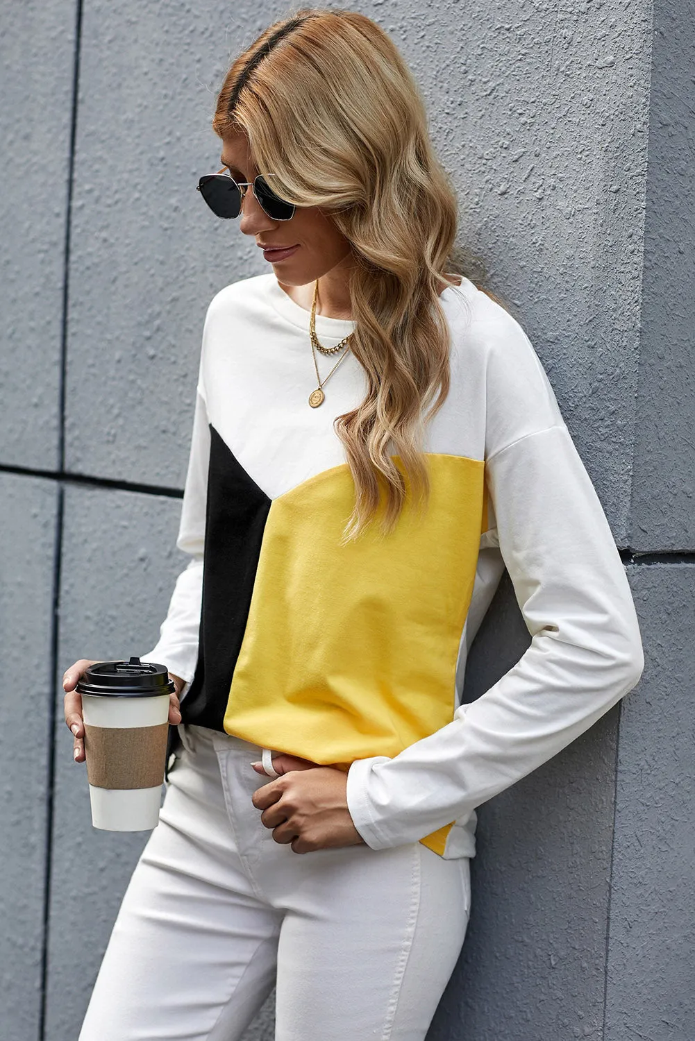 Color Block Splicing O-Neck Blouse
