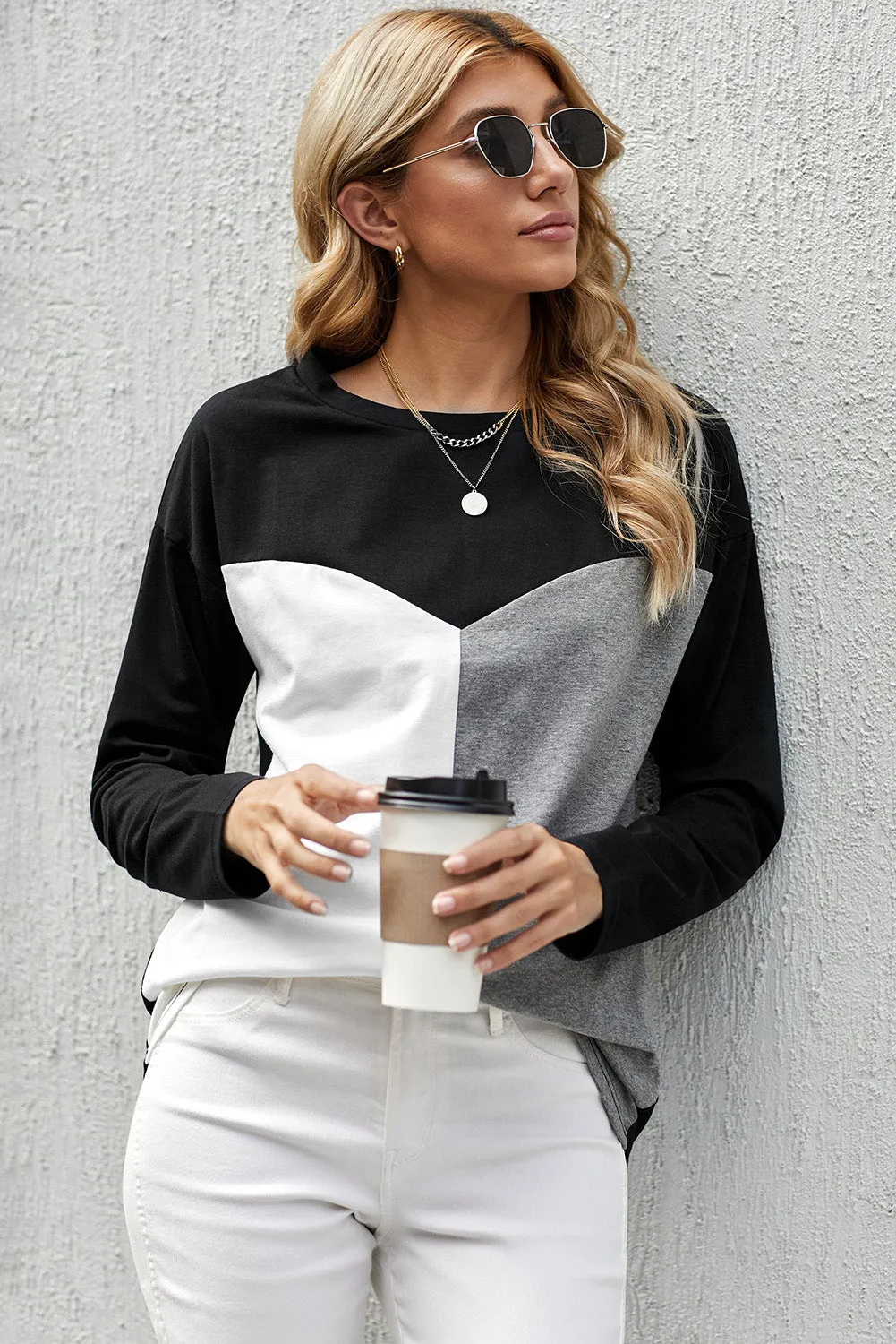 Color Block Splicing O-Neck Blouse