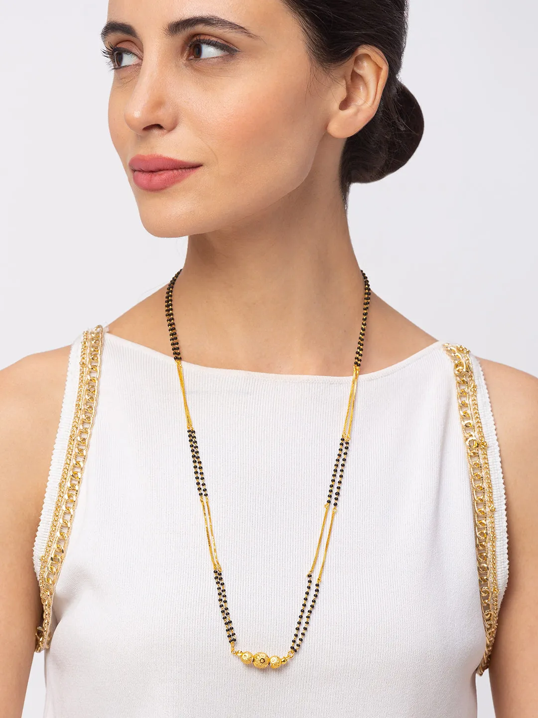Combo Set of 2 Long Mangalsutra Designs and Short Mangalsutra Designs Gold Plated Oval Shape Pendant