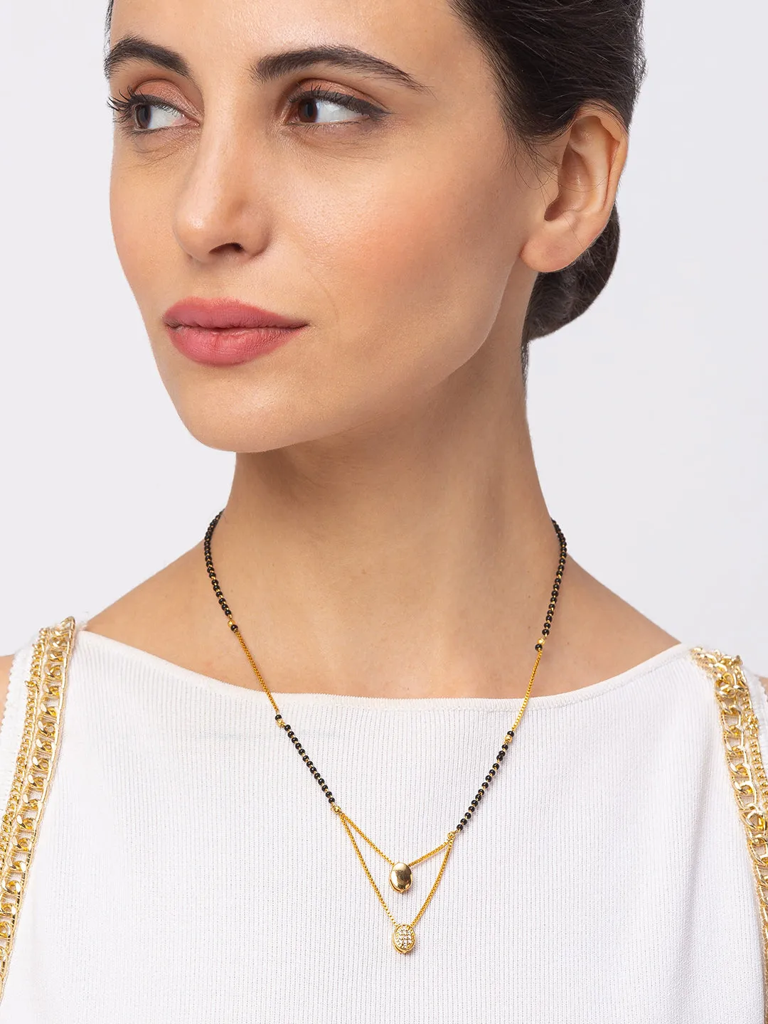 Combo Set of 2 Long Mangalsutra Designs and Short Mangalsutra Designs Gold Plated Oval Shape Pendant
